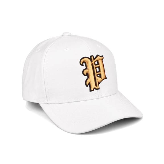 Daxton Premium Mid Profile Hat Semi Curved Visor White Cap Black Gold Gothic Embroidered, Letter P
