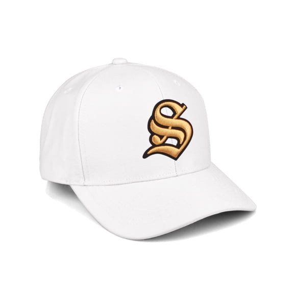 Daxton Premium Mid Profile Hat Semi Curved Visor White Cap Black Gold Gothic Embroidered, Letter S