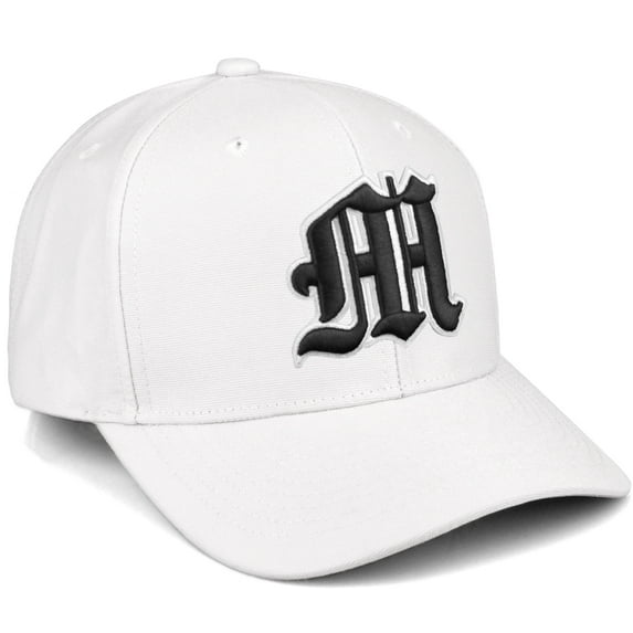 Daxton Premium Mid Profile Hat Semi Curved Visor White Cap White Black Gothic Embroidered, Letter M