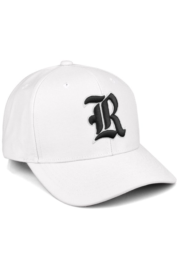 Premium Mid Profile Hat Semi Curved Visor White Cap White Black Gothic Embroidered, Letter R