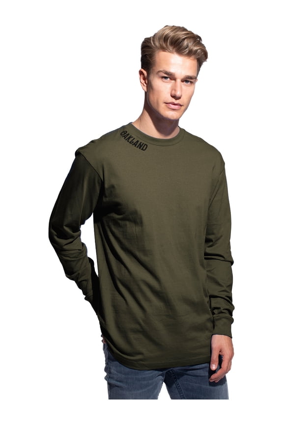 Premium Oakland Men Long Sleeves T Shirt Ultra Soft Medium Weight Cotton, Olive Tee Black Letters Medium