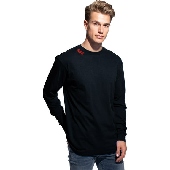 Daxton Premium Ohio Men Long Sleeves T Shirt Ultra Soft Medium Weight Cotton, Black Tee Red Letters XS