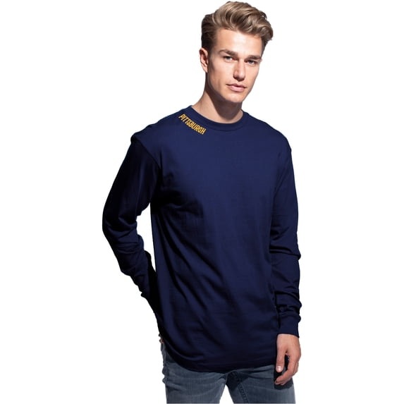 Daxton Premium Pittsburgh Men Long Sleeves T Shirt Ultra Soft Medium Weight Cotton, Navy Tee Gold Letters Small