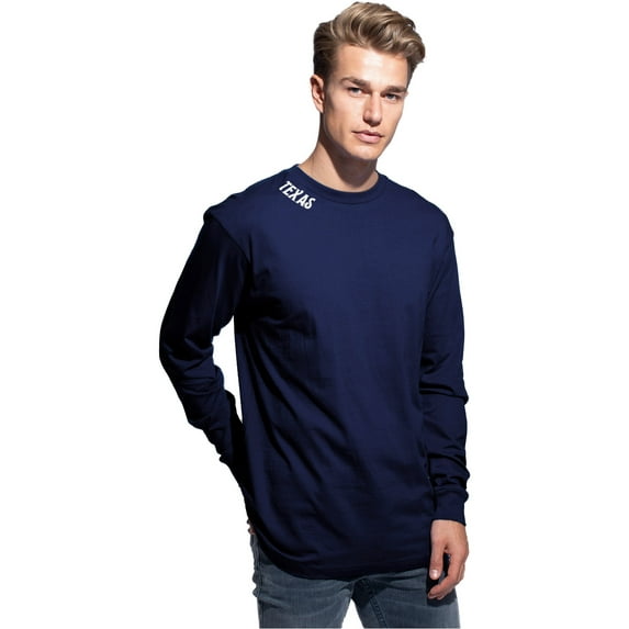 Daxton Premium Texas Men Long Sleeves T Shirt Ultra Soft Medium Weight Cotton, Navy Tee White Letters XS