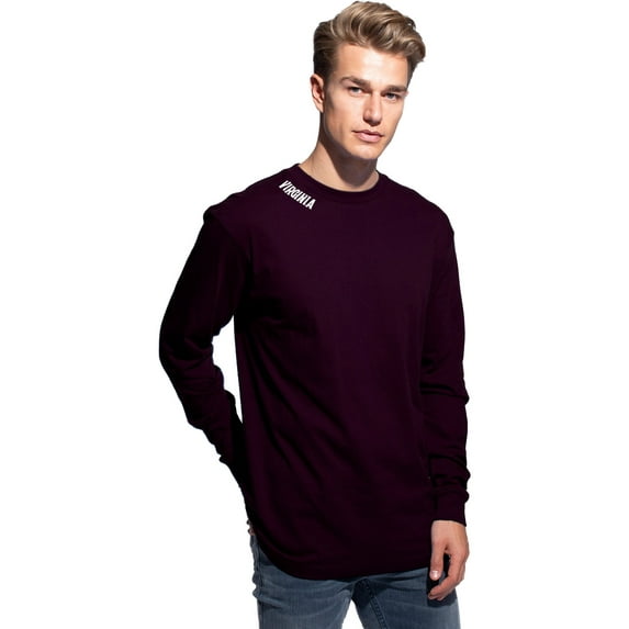 Daxton Premium Virginia Men Long Sleeves T Shirt Ultra Soft Medium Weight Cotton, Wine Tee White Letters Small
