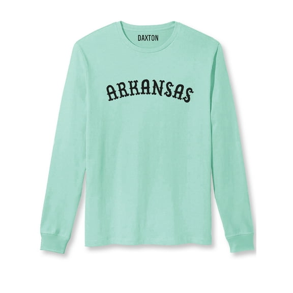 Daxton Retro Arkansas Arch Font Long Sleeves T Shirt Soft Medium Weight Cotton, Mint Tee Black Font, S