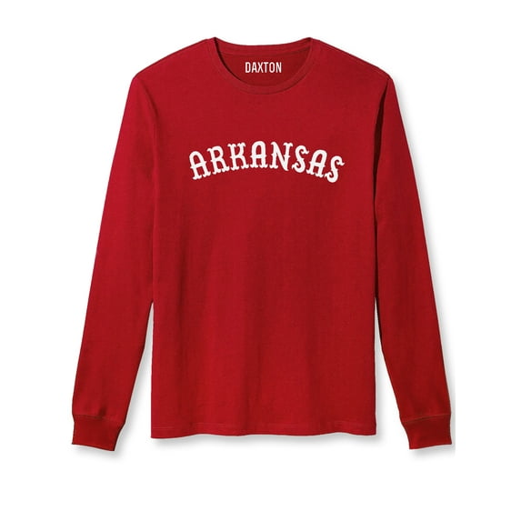 Daxton Retro Arkansas Arch Font Long Sleeves T Shirt Soft Medium Weight Cotton, Red Tee White Font, XS