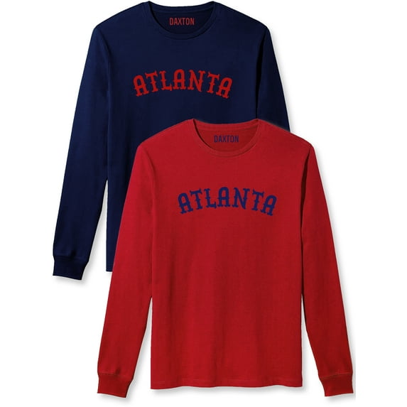 Daxton Retro Atlanta Arch Font Long Sleeves T Shirt Soft Medium Weight Cotton, 2Pk Navy Red Red Navy, S