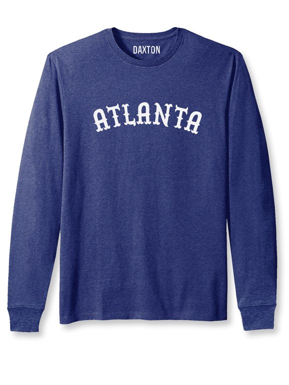 Retro Atlanta Arch Font Long Sleeves T Shirt Soft Medium Weight Cotton, Heather Navy Tee White Font, L