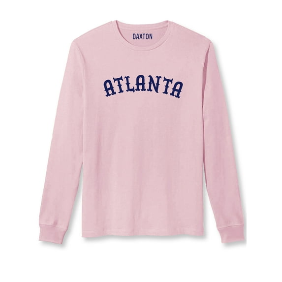 Daxton Retro Atlanta Arch Font Long Sleeves T Shirt Soft Medium Weight Cotton, Pink Tee Navy Font, L