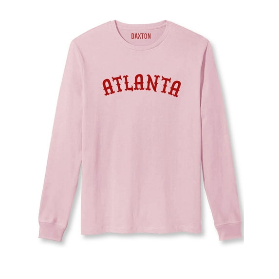 Daxton Retro Atlanta Arch Font Long Sleeves T Shirt Soft Medium Weight Cotton, Pink Tee Red Font, XS