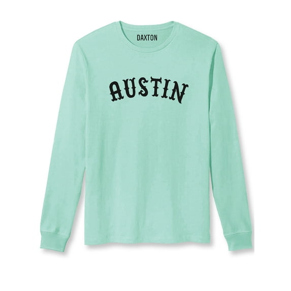 Daxton Retro Austin Arch Font Long Sleeves T Shirt Soft Medium Weight Cotton, Mint Tee Black Font, S