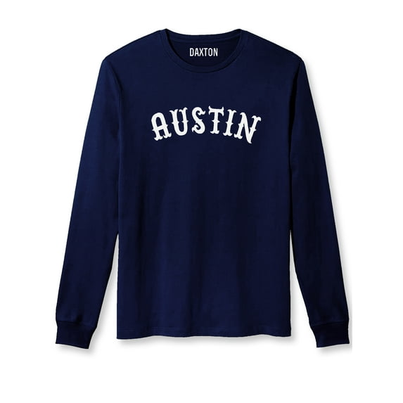 Daxton Retro Austin Arch Font Long Sleeves T Shirt Soft Medium Weight Cotton, Navy Tee White Font, 3XL