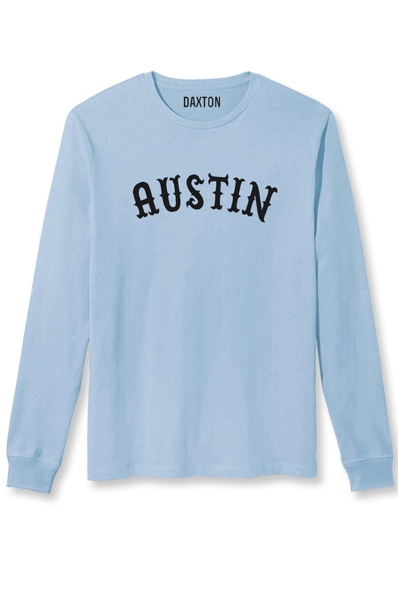 Retro Austin Arch Font Long Sleeves T Shirt Soft Medium Weight Cotton, Sky Tee Black Font, S