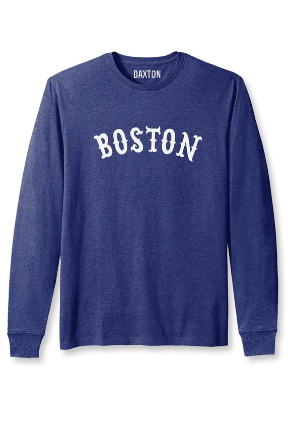 Retro Boston Arch Font Long Sleeves T Shirt Soft Medium Weight Cotton, Heather Navy Tee White Font, L