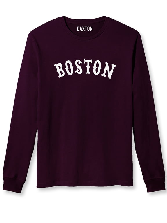 Retro Boston Arch Font Long Sleeves T Shirt Soft Medium Weight Cotton, Plum Tee White Font, L