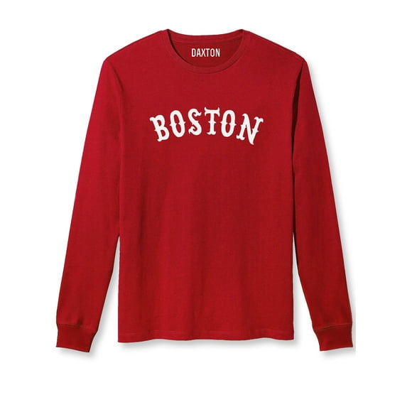 Daxton Retro Boston Arch Font Long Sleeves T Shirt Soft Medium Weight Cotton, Red Tee White Font, 1XL