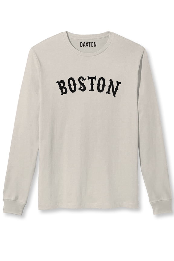 Retro Boston Arch Font Long Sleeves T Shirt Soft Medium Weight Cotton, Vintage Tee Black Font, 3XL