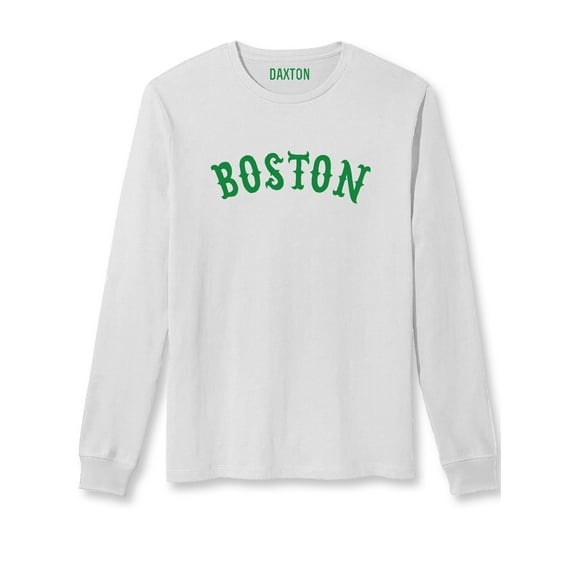 Daxton Retro Boston Arch Font Long Sleeves T Shirt Soft Medium Weight Cotton, White Tee Green Font, XS