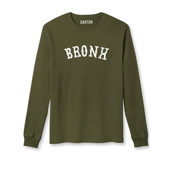 Daxton Retro Bronx Arch Font Long Sleeves T Shirt Soft Medium Weight Cotton, Olive Tee White Font, M