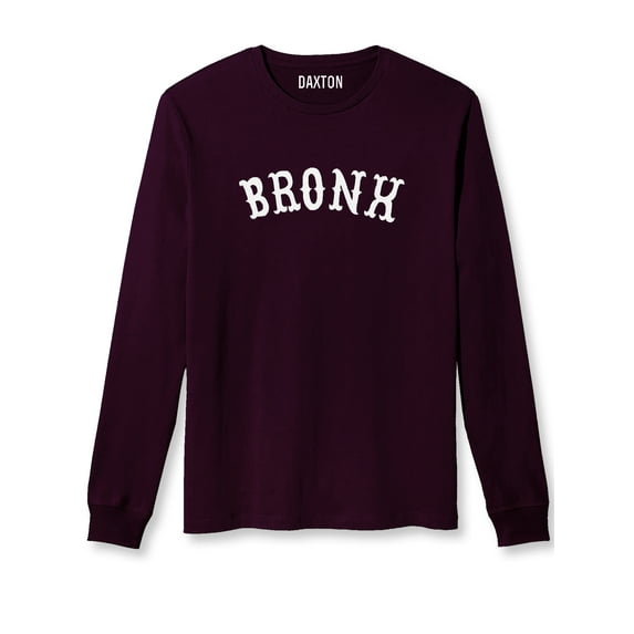 Daxton Retro Bronx Arch Font Long Sleeves T Shirt Soft Medium Weight Cotton, Plum Tee White Font, S