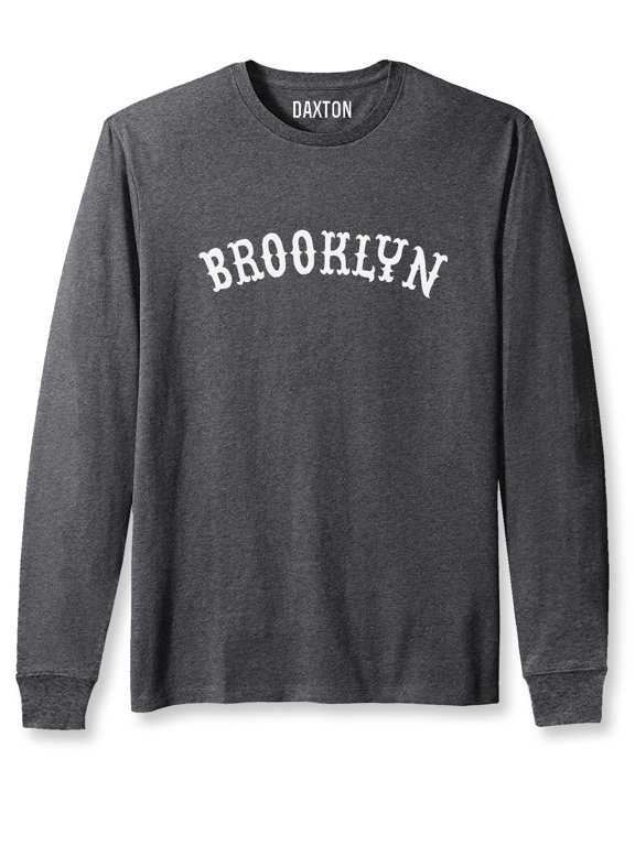 Retro Brooklyn Arch Font Long Sleeves T Shirt Soft Medium Weight Cotton, Heather Charcoal Tee White Font, 1XL