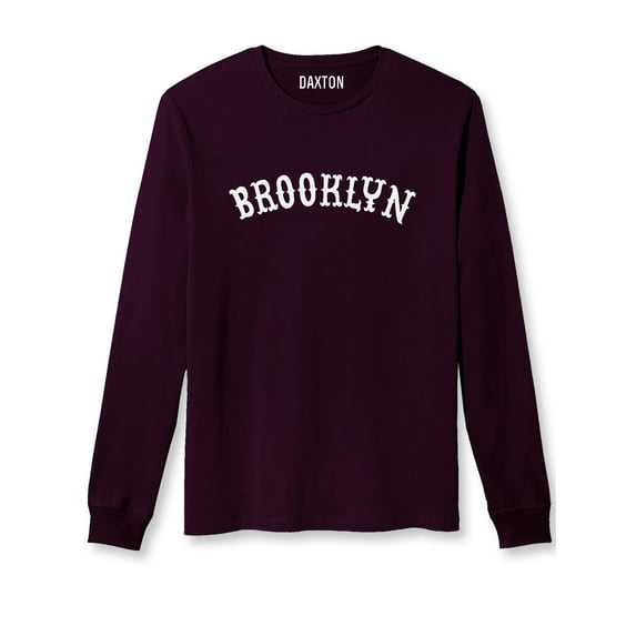 Daxton Retro Brooklyn Arch Font Long Sleeves T Shirt Soft Medium Weight Cotton, Plum Tee White Font, 2XL