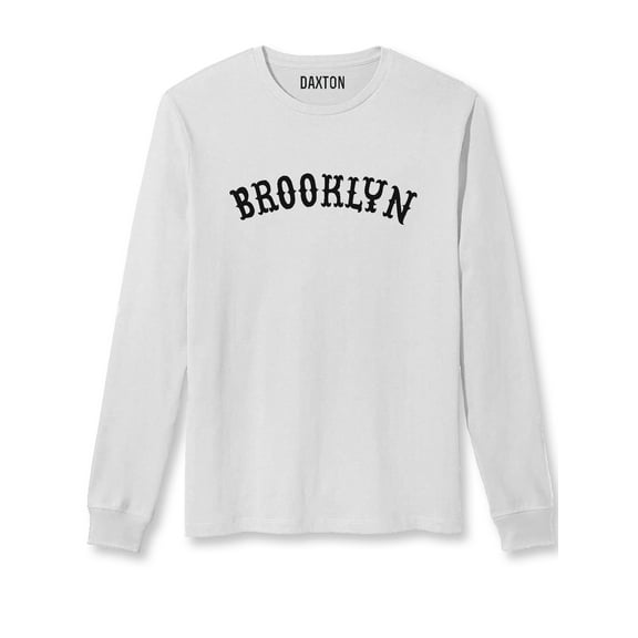 Daxton Retro Brooklyn Arch Font Long Sleeves T Shirt Soft Medium Weight Cotton, White Tee Black Font, L