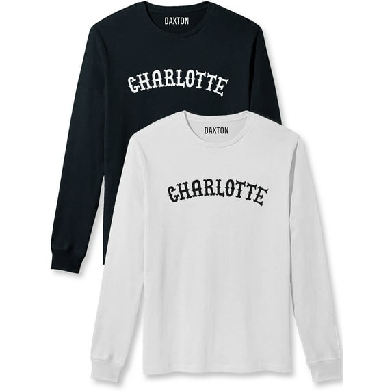 Daxton Retro Charlotte Arch Font Long Sleeves TShirt Soft Medium Weight, 2Pk Black White White Black, M
