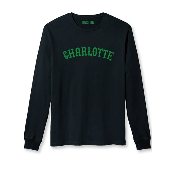 Daxton Retro Charlotte Arch Font Long Sleeves TShirt Soft Medium Weight, Black Tee Green Font, M