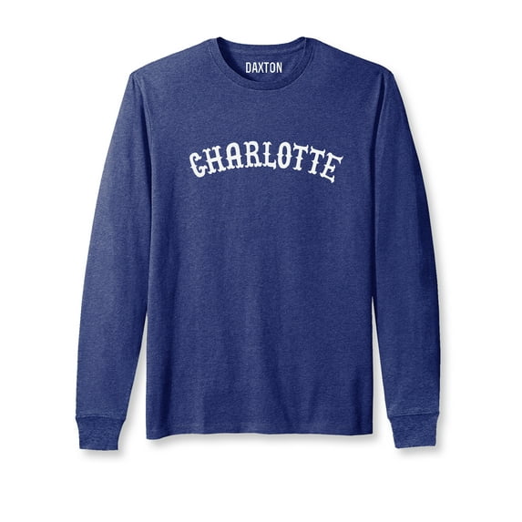 Daxton Retro Charlotte Arch Font Long Sleeves TShirt Soft Medium Weight, Heather Navy Tee White Font, S