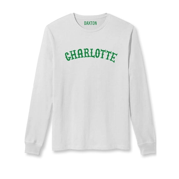 Daxton Retro Charlotte Arch Font Long Sleeves TShirt Soft Medium Weight, White Tee Green Font, M