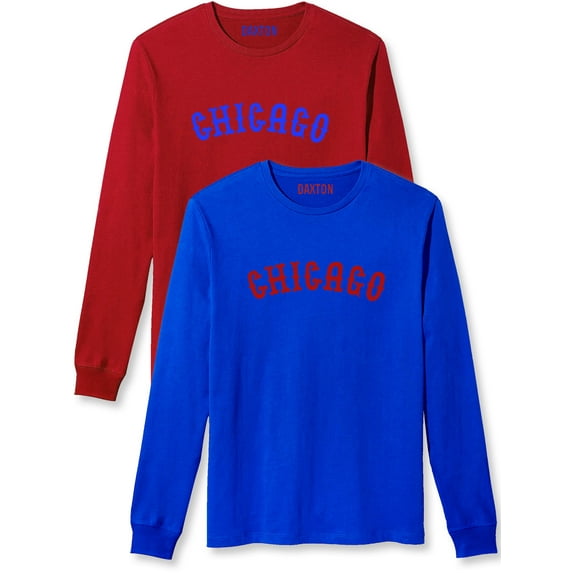 Daxton Retro Chicago Arch Font Long Sleeves T Shirt Soft Medium Weight Cotton, 2Pk Red Royal Royal Red, S