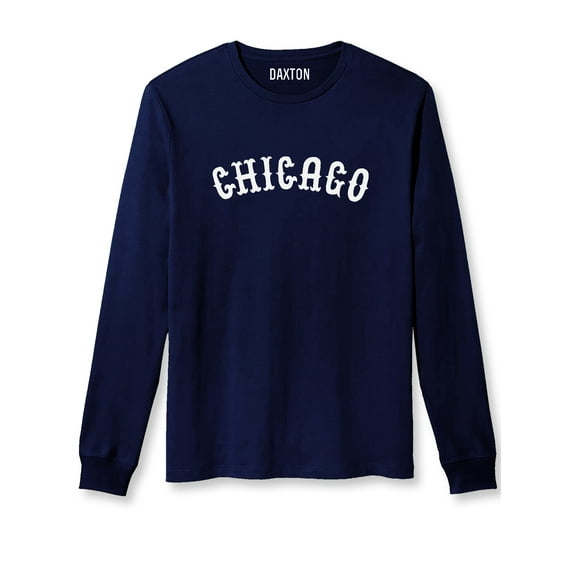 Daxton Retro Chicago Arch Font Long Sleeves T Shirt Soft Medium Weight Cotton, Navy Tee White Font, L