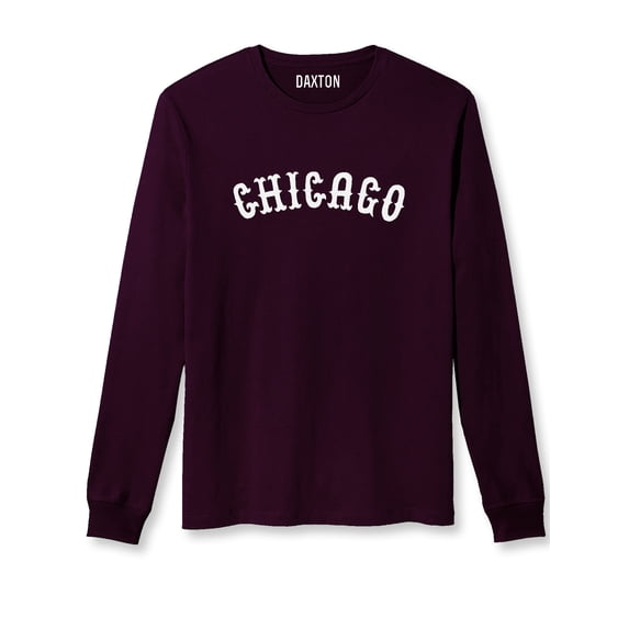 Daxton Retro Chicago Arch Font Long Sleeves T Shirt Soft Medium Weight Cotton, Plum Tee White Font, XS
