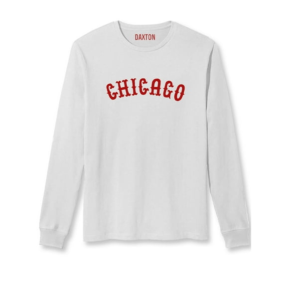 Daxton Retro Chicago Arch Font Long Sleeves T Shirt Soft Medium Weight Cotton, White Tee Red Font, M