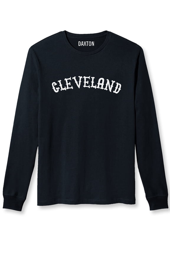Retro Cleveland Arch Font Long Sleeves TShirt Soft Medium Weight Cotton, Black Tee White Font, L