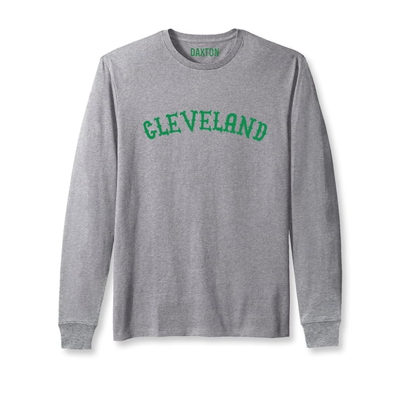 Daxton Retro Cleveland Arch Font Long Sleeves TShirt Soft Medium Weight Cotton, Hgray Tee Green Font, 2XL