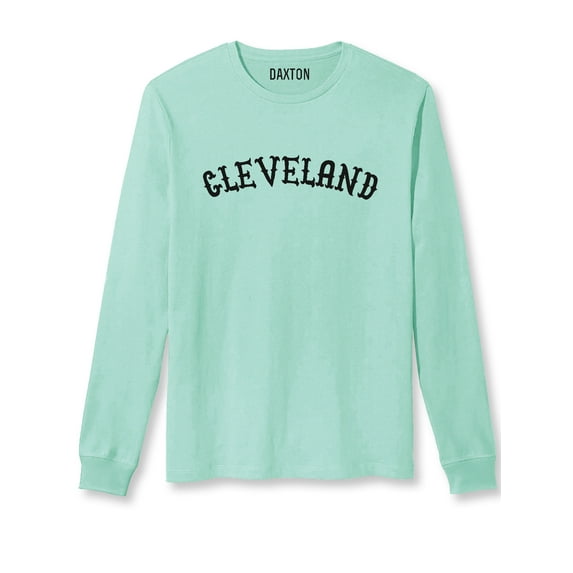 Daxton Retro Cleveland Arch Font Long Sleeves TShirt Soft Medium Weight Cotton, Mint Tee Black Font, M