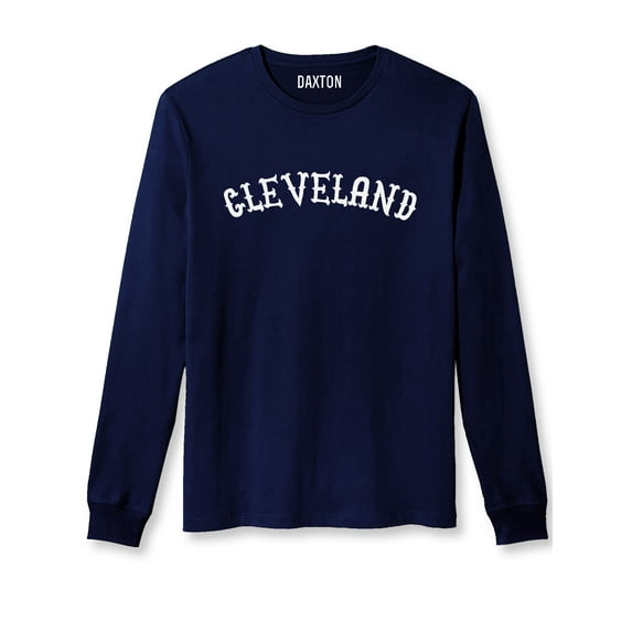 Daxton Retro Cleveland Arch Font Long Sleeves TShirt Soft Medium Weight Cotton, Navy Tee White Font, M