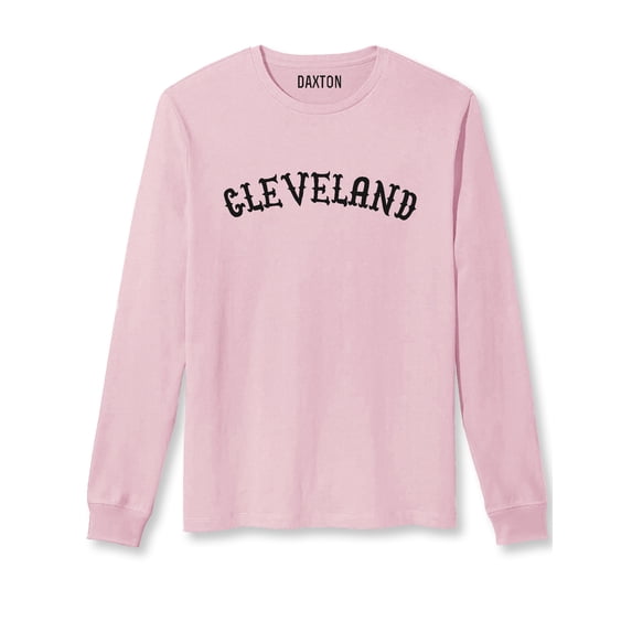 Daxton Retro Cleveland Arch Font Long Sleeves TShirt Soft Medium Weight Cotton, Pink Tee Black Font, 1XL