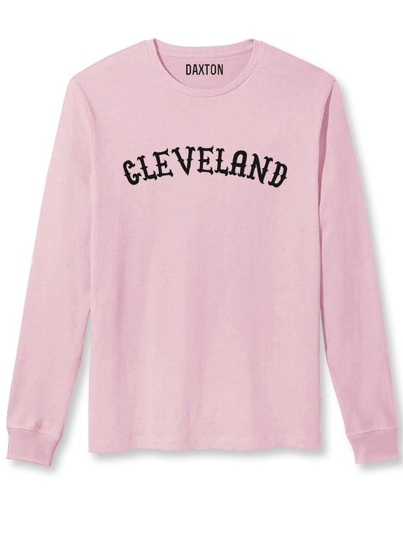 Retro Cleveland Arch Font Long Sleeves TShirt Soft Medium Weight Cotton, Pink Tee Black Font, 2XL