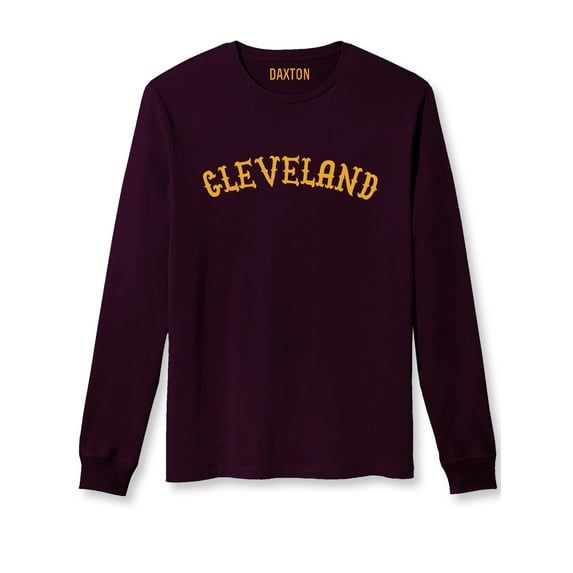 Daxton Retro Cleveland Arch Font Long Sleeves TShirt Soft Medium Weight Cotton, Plum Tee Gold Font, 2XL