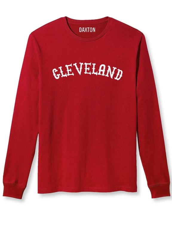 Retro Cleveland Arch Font Long Sleeves TShirt Soft Medium Weight Cotton, Red Tee White Font, 1XL
