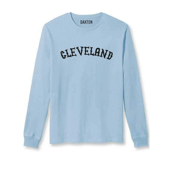 Daxton Retro Cleveland Arch Font Long Sleeves TShirt Soft Medium Weight Cotton, Sky Tee Black Font, 1XL