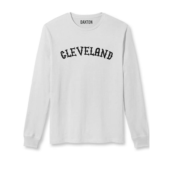 Daxton Retro Cleveland Arch Font Long Sleeves TShirt Soft Medium Weight Cotton, White Tee Black Font, 1XL