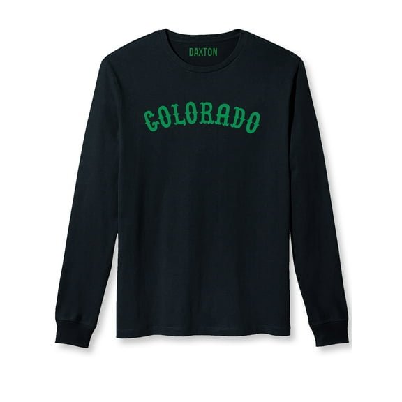 Daxton Retro Colorado Arch Font Long Sleeves T Shirt Soft Medium Weight Cotton, Black Tee Green Font, M