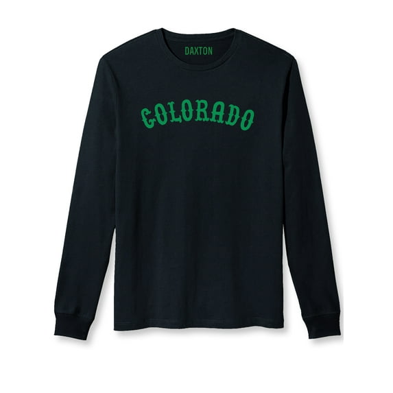 Daxton Retro Colorado Arch Font Long Sleeves T Shirt Soft Medium Weight Cotton, Black Tee Green Font, S