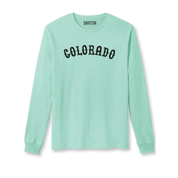 Daxton Retro Colorado Arch Font Long Sleeves T Shirt Soft Medium Weight Cotton, Mint Tee Black Font, M