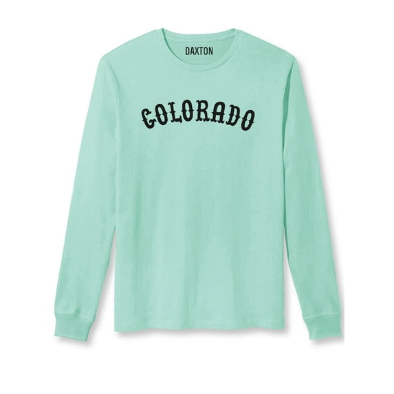 Daxton Retro Colorado Arch Font Long Sleeves T Shirt Soft Medium Weight Cotton, Mint Tee Black Font, XS